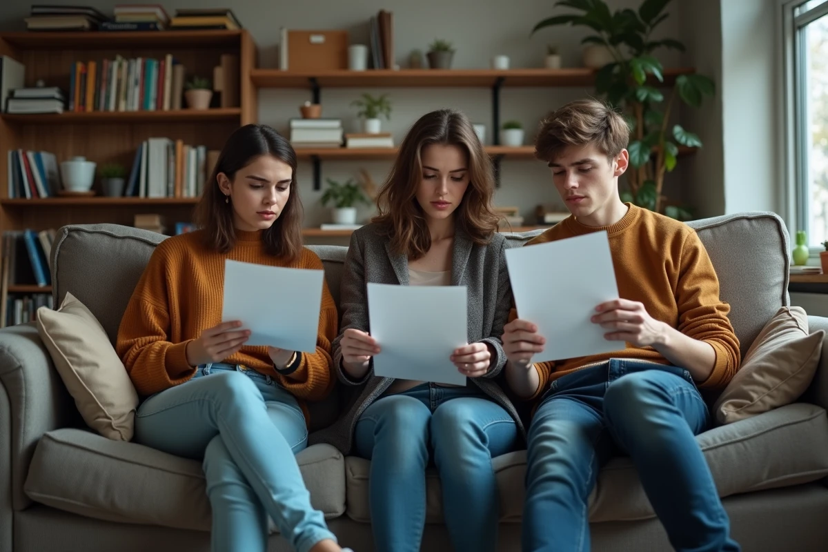 Trois colocataires étudiants discutent des clauses d'un bail solidaire assis ensemble dans leur salon encombré.