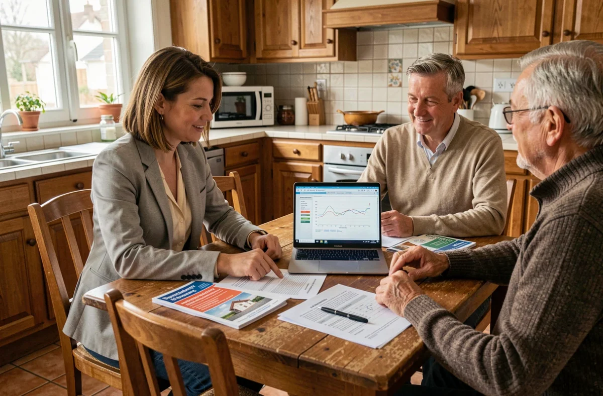Conseillère Hellio expliquant les options de financement de rénovation énergétique à un couple de propriétaires