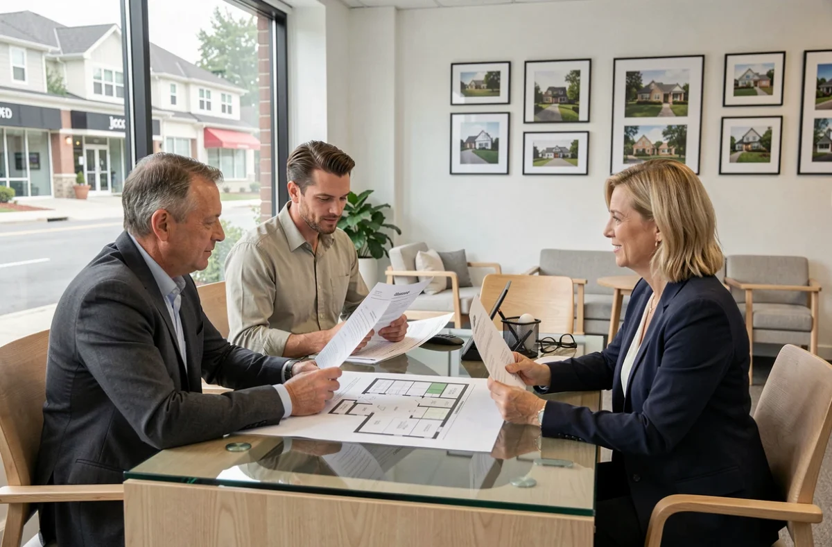 Couple d'héritiers en consultation avec un agent immobilier pour la mise en vente d'une maison secondaire reçue en héritage