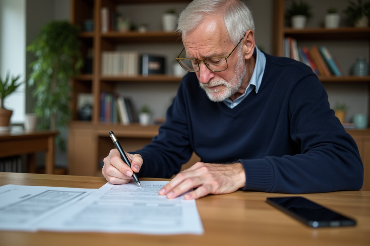 Homme âgé mettant à jour son adresse sur des documents