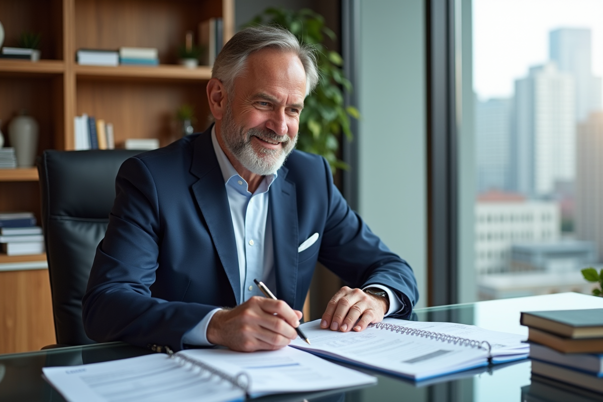 Homme d'affaires en costume examinant des papiers immobiliers