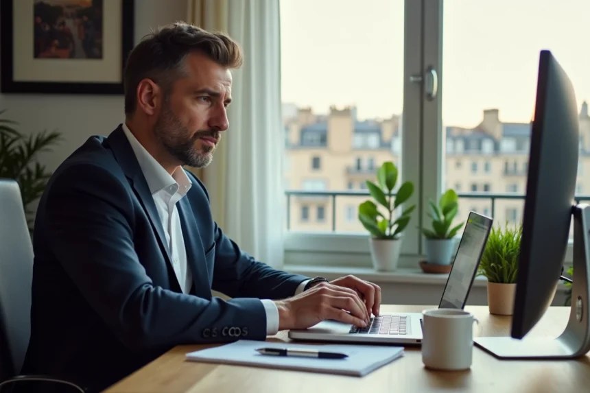 Homme d'affaires concentré sur son ordinateur dans un appartement parisien