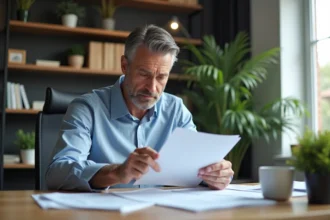 Homme d'affaires en bureau moderne examine des documents