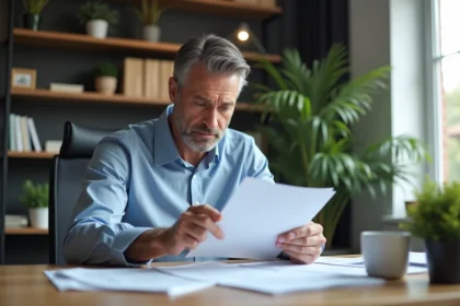 Homme d'affaires en bureau moderne examine des documents