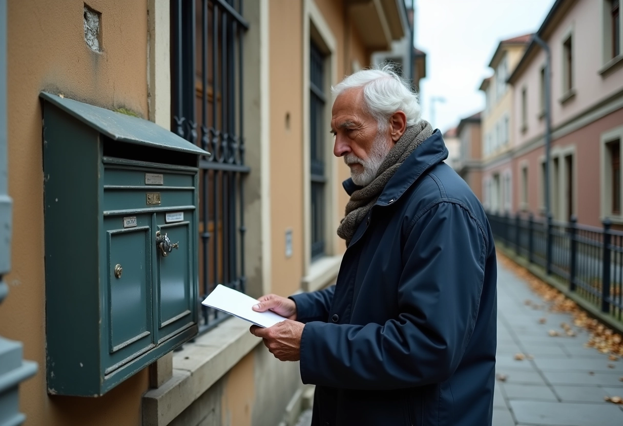Homme âgé examinant une boîte aux lettres dans la rue