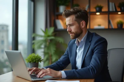 Homme confiant regardant des annonces immobilières sur son ordinateur