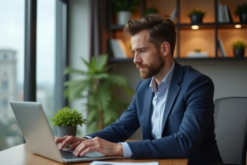 Homme confiant regardant des annonces immobilières sur son ordinateur