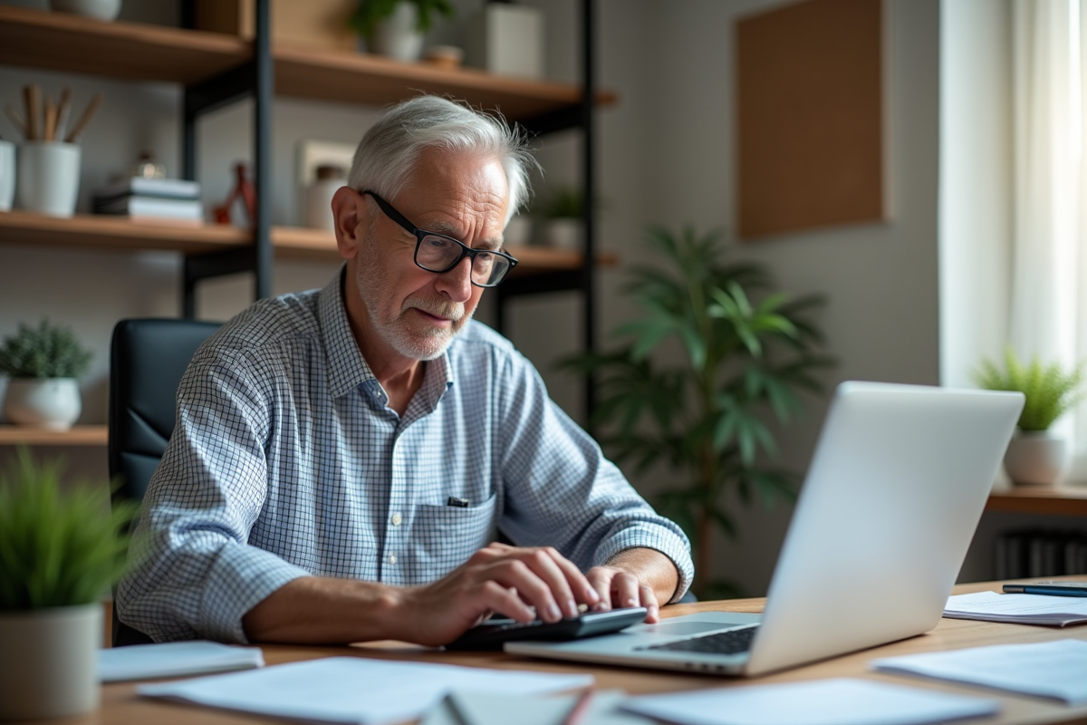 Homme âgé utilisant une calculatrice dans un bureau organisé