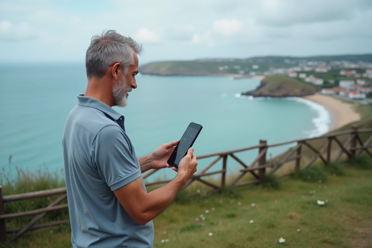 Homme utilisant une carte satellite sur smartphone pour évaluer la vue mer d'une maison depuis un belvédère côtier