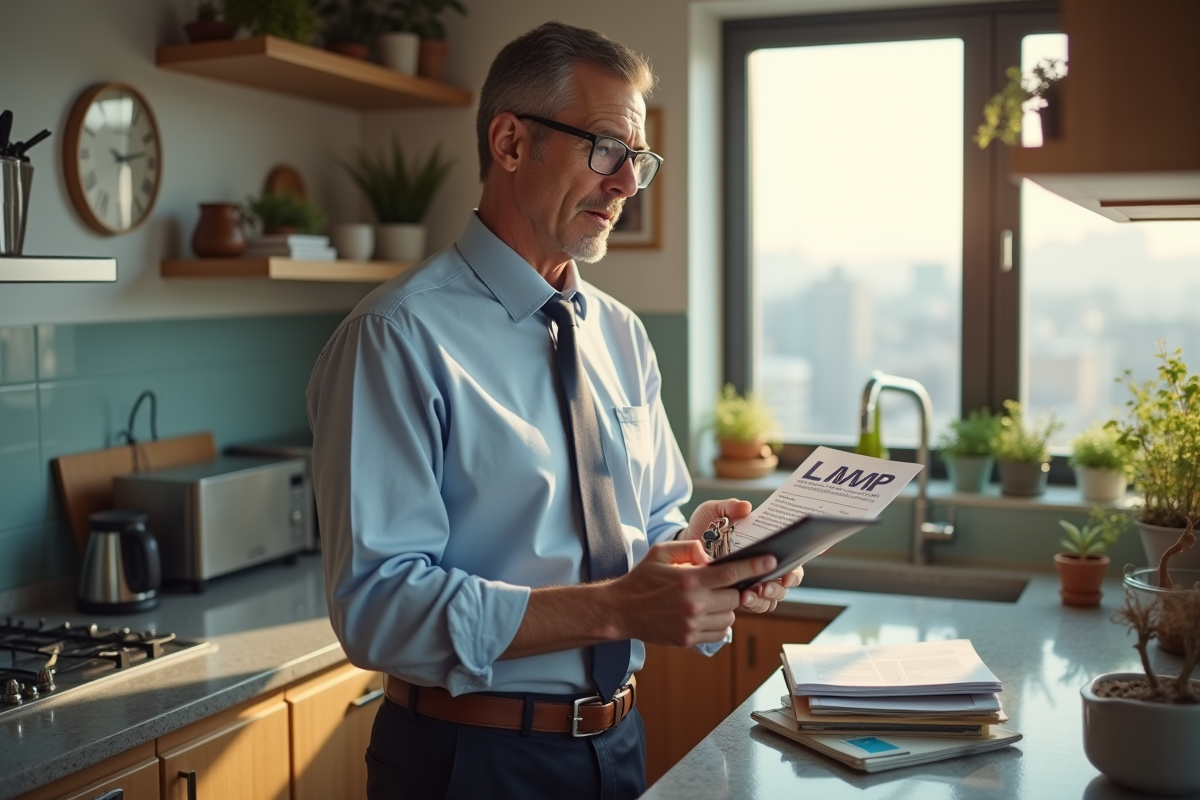 Homme lisant un guide fiscal dans une cuisine ensoleillee