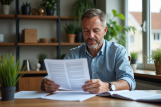 Homme d'âge moyen examinant des documents d'assurance habitation