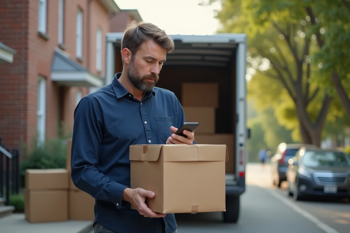 Homme devant un camion de déménagement consultant son téléphone lors d'une mutation professionnelle avec aide au logement AL'in