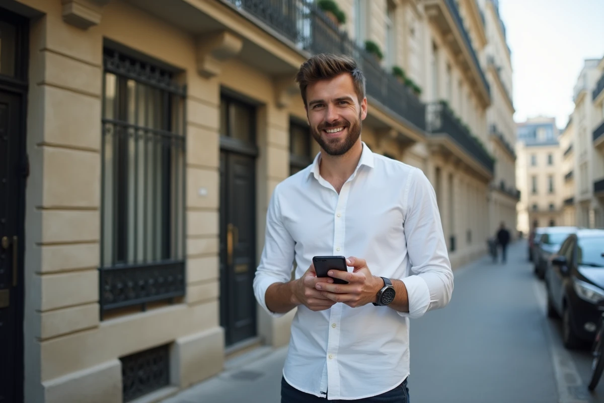 Homme devant un immeuble haussmannien à Paris consultant une annonce de location sur son smartphone