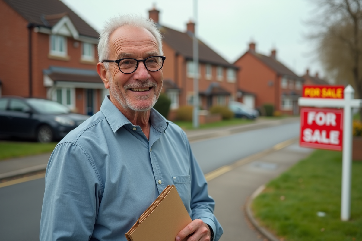 Homme âgé devant une maison en vente avec panneau immobilier
