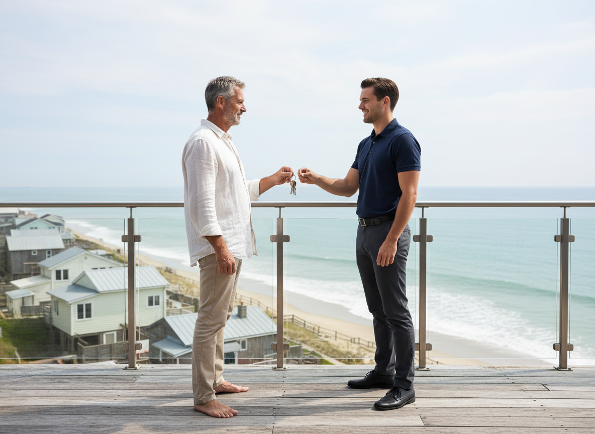 Homme remettant les clés à un gestionnaire immobilier sur la terrasse