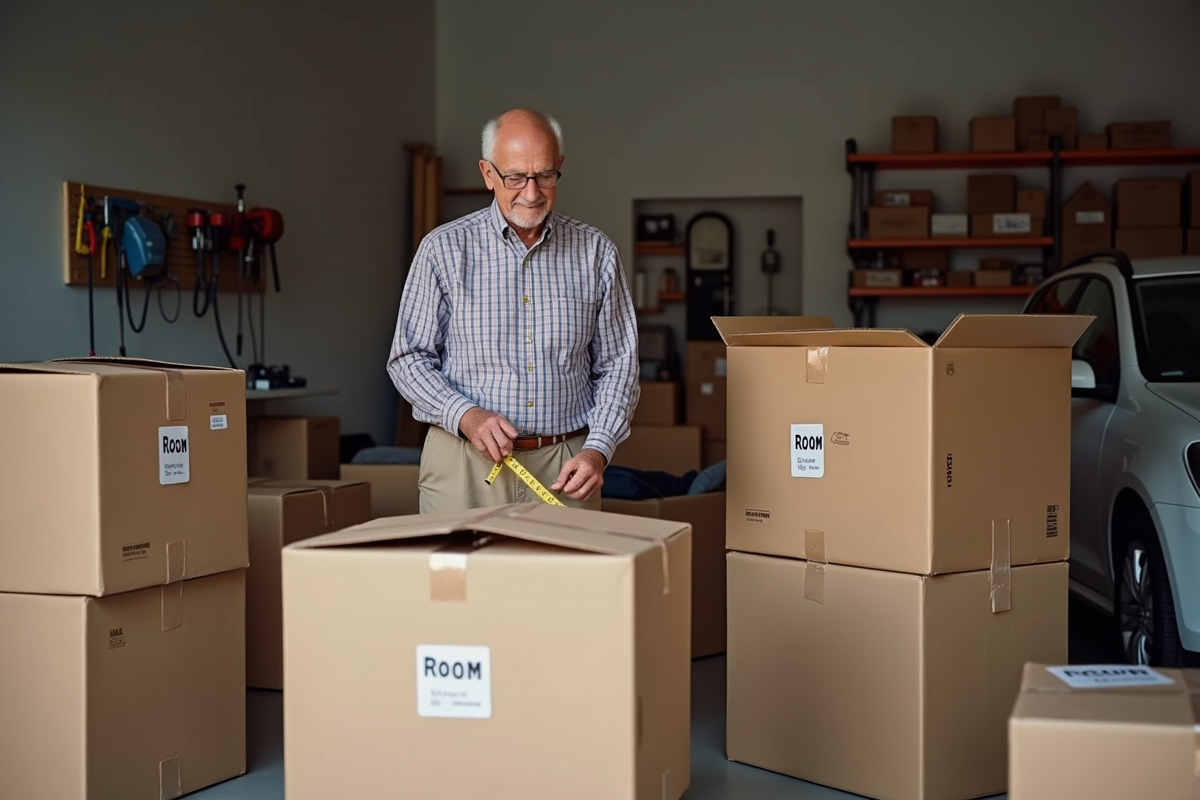 Homme mesurant une grande caisse dans un garage organisé
