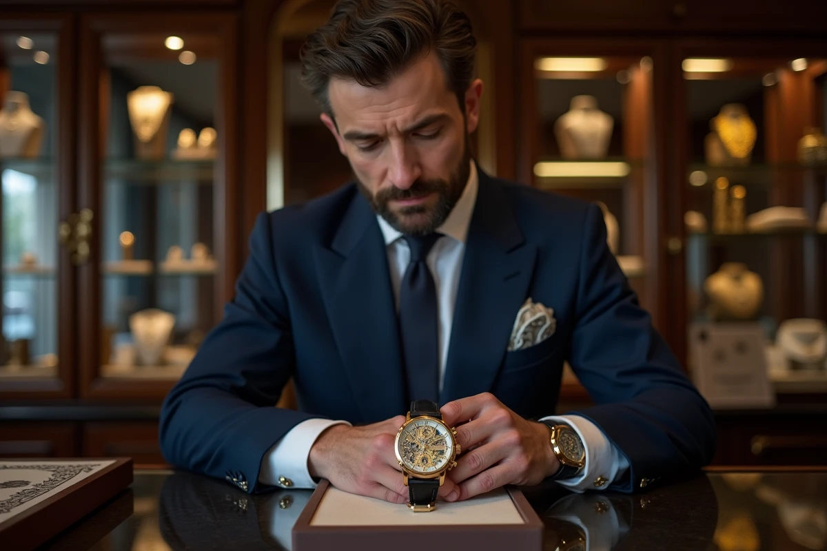 Homme en costume marine examinant une montre de luxe suisse dans une joaillerie parisienne