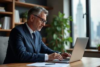 Homme en costume vérifiant des simulations de taux hypothécaire