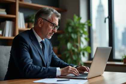 Homme en costume vérifiant des simulations de taux hypothécaire