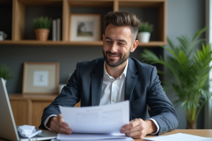Homme en blazer examine des documents de location dans un intérieur moderne