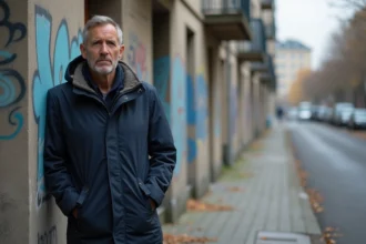 Homme d'âge moyen en parka bleue devant graffitis à NoisyleGrand