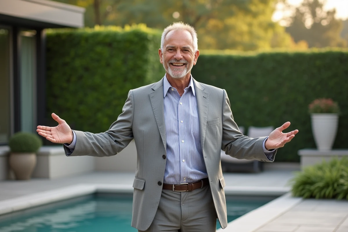 Homme en costume souriant sur un patio avec jardin