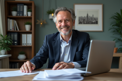 Homme professionnel en bureau à domicile avec documents et ordinateur