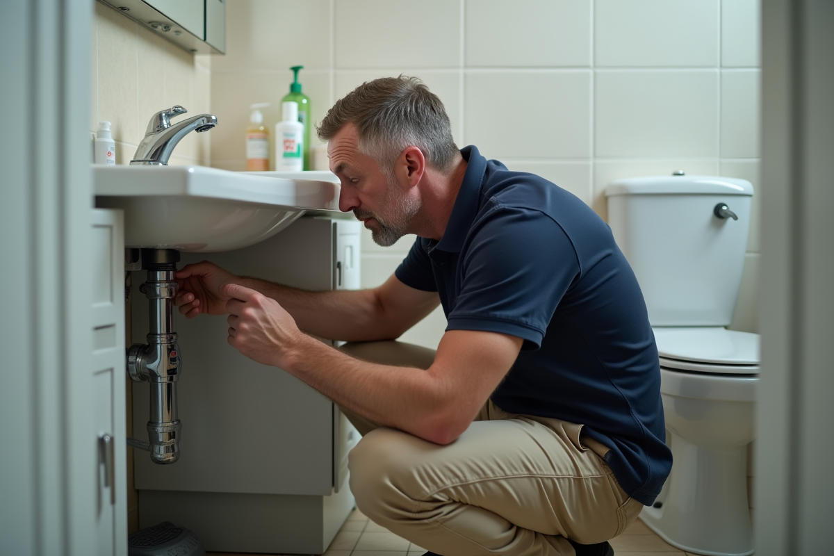 Homme inspectant la plomberie sous un lavabo de salle de bain