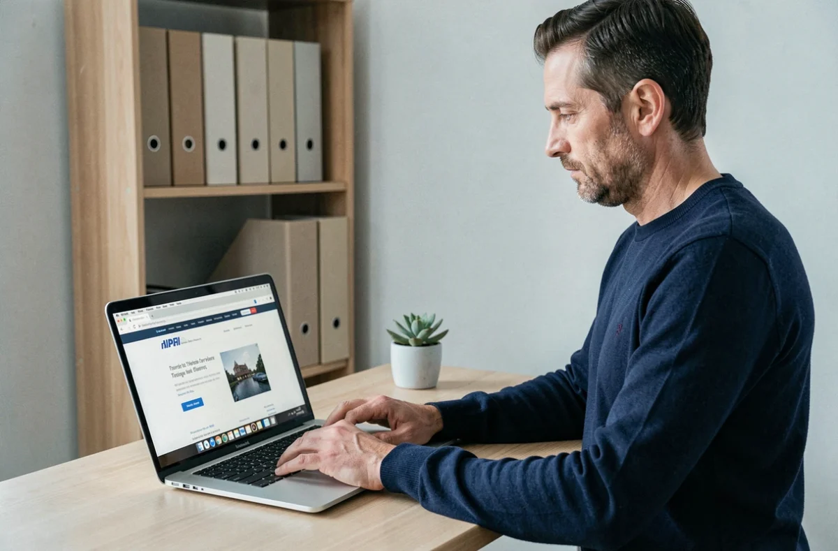 Homme résiliant son assurance habitation en ligne depuis son bureau à domicile