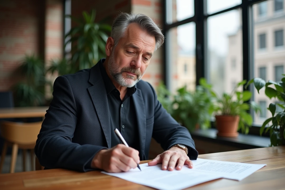 Homme signant documents immobiliers dans un intérieur moderne