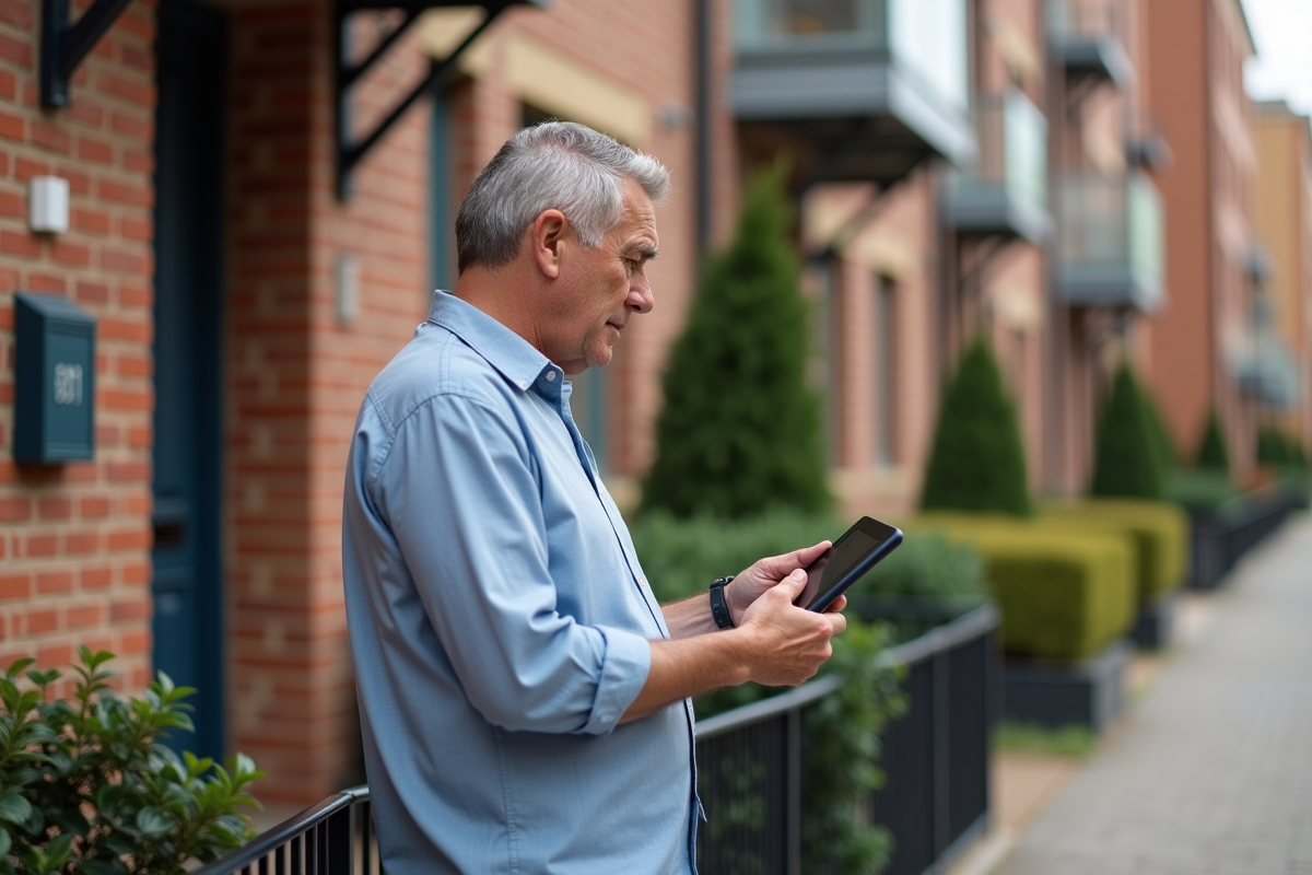 Homme consulte des annonces immobilières devant un immeuble en ville