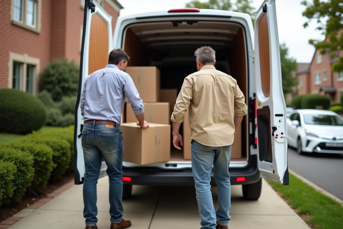 Homme et adolescent chargeant des cartons dans un van devant une maison