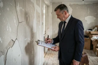 Huissier de justice inspectant une fissure murale avant le début de travaux dans un appartement vétuste