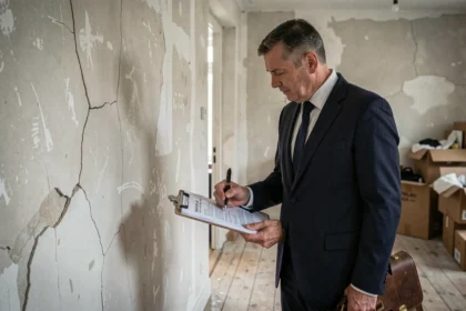Huissier de justice inspectant une fissure murale avant le début de travaux dans un appartement vétuste