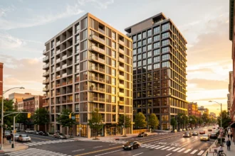 Immeuble d'habitation et tour de bureaux dans une rue de ville