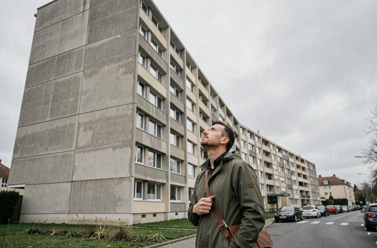 Homme observant un immeuble HLM de logement social en banlieue française