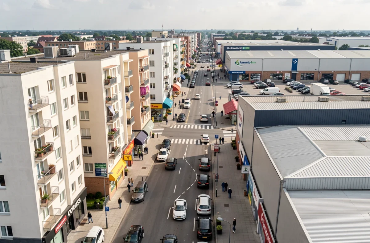 Immeubles d'habitation, commerces et entrepôts vus du ciel