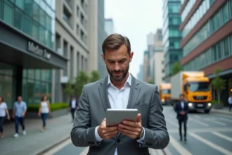 Ingénieur homme d'âge moyen examine une tablette en ville