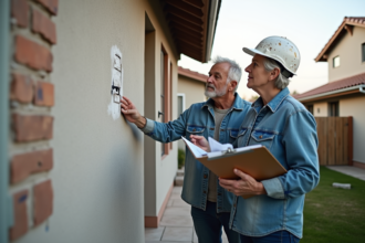 Couple inspectant la façade extérieure d'une maison
