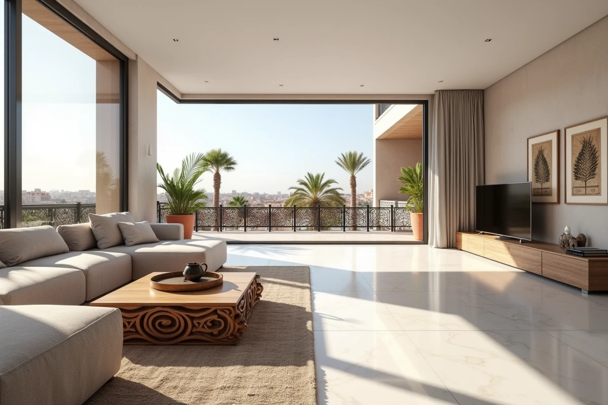 Intérieur lumineux d'un appartement à vendre à Guéliz avec terrasse ouverte et vue sur Marrakech