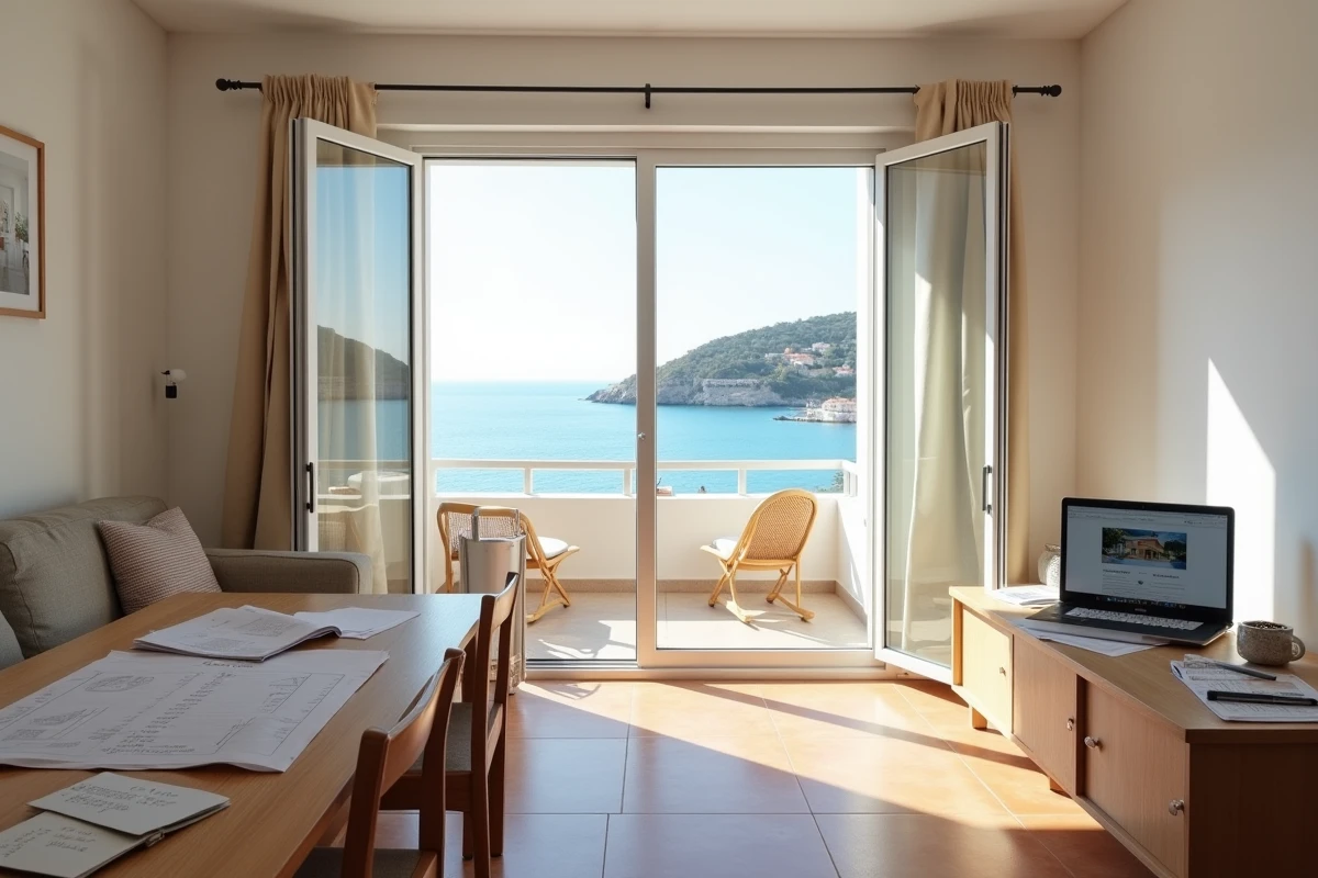 Intérieur d'un appartement abordable avec vue sur la mer et documents de recherche immobilière