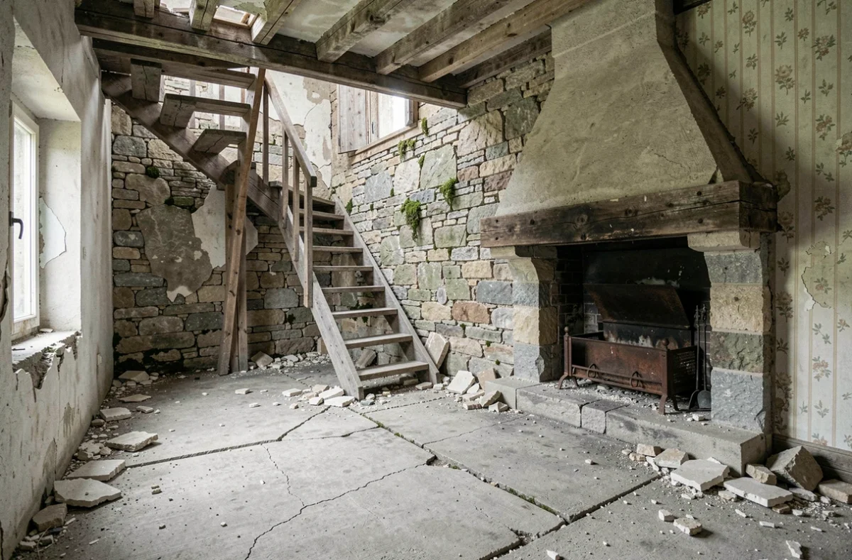 Intérieur délabré d'une maison abandonnée en Ardèche avec sol en béton fissuré, escalier en bois abîmé et cheminée en fer rouillé