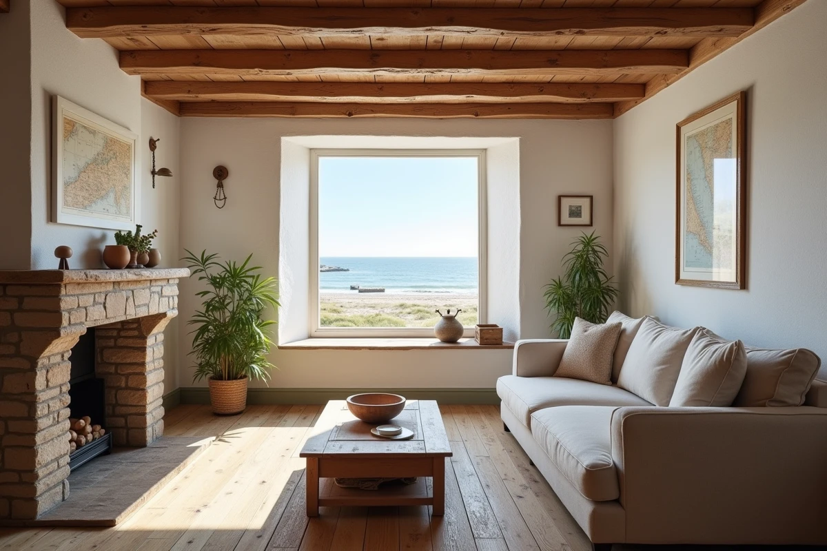 Intérieur d'une maison normande en bord de mer avec vue sur la plage, poutres apparentes et parquet ancien