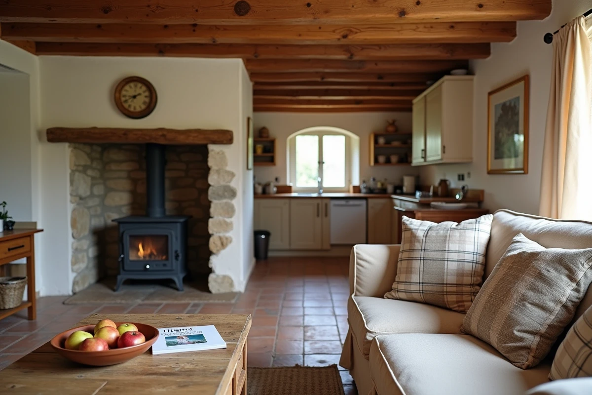 Intérieur chaleureux d'une petite maison de campagne à louer dans le 27, avec poutres apparentes, cheminée en pierre et canapé en lin