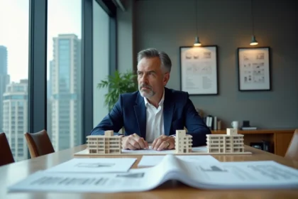 Homme d'affaires analysant des documents immobiliers et des maquettes d'appartements dans une salle de réunion corporative, symbolisant l'investissement immobilier à risque