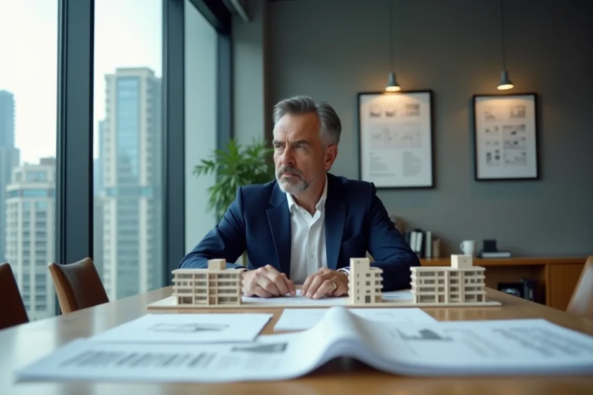 Homme d'affaires analysant des documents immobiliers et des maquettes d'appartements dans une salle de réunion corporative, symbolisant l'investissement immobilier à risque