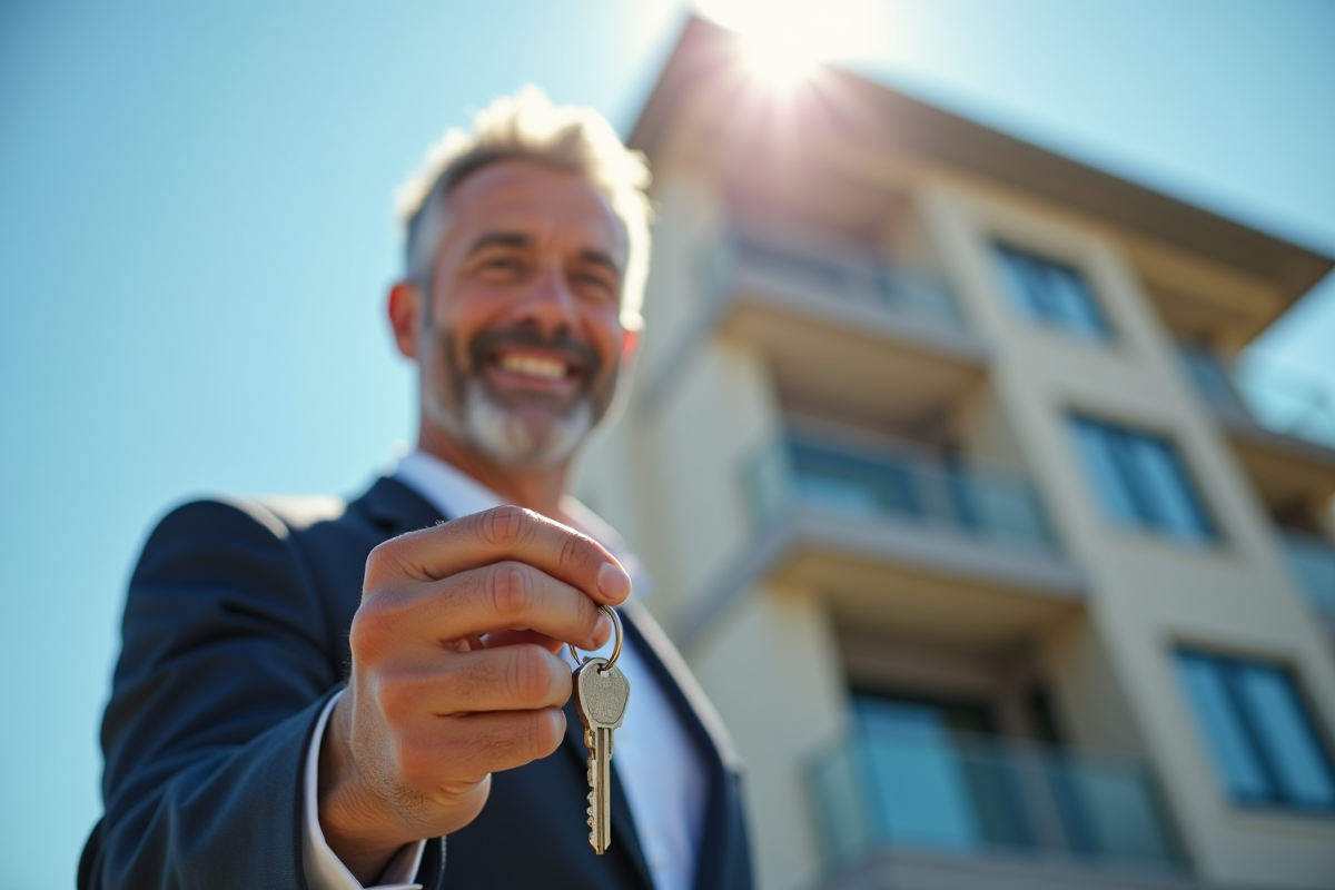 Investisseur souriant tenant des clés devant un immeuble