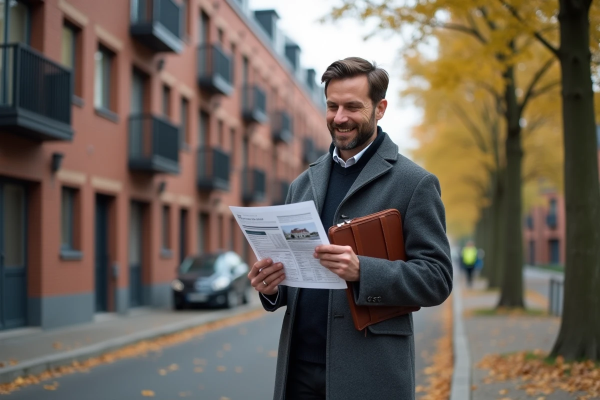 Investisseur immobilier devant un immeuble rénové en brique typique du nord de la France, tenant une fiche de bien