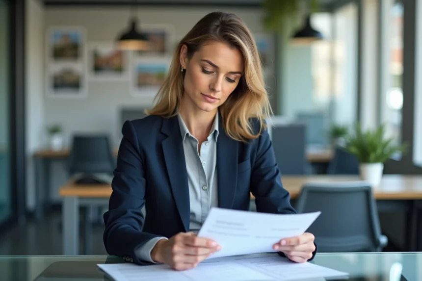 Investisseure immobilière régionale analysant des documents dans une agence moderne du nord de la France