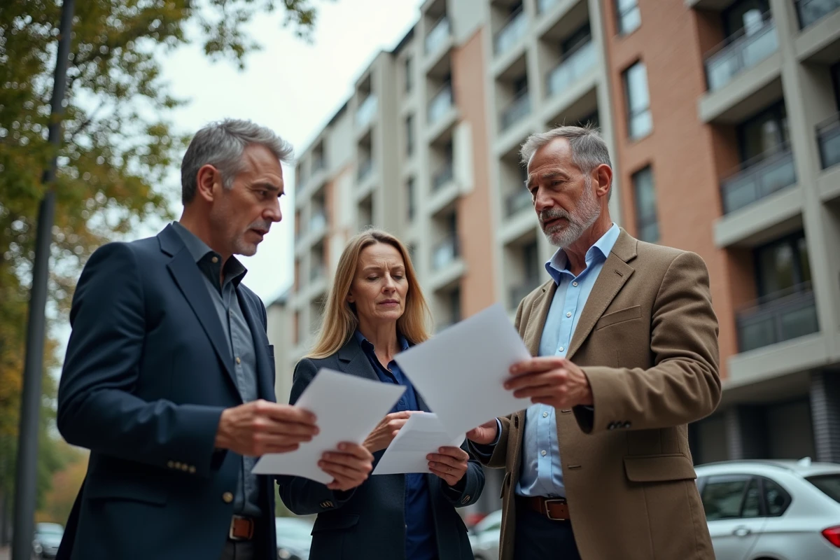 Groupe d'investisseurs examinant un immeuble résidentiel urbain en tenant des documents de prospectus, évoquant la prudence face à une opportunité immobilière douteuse